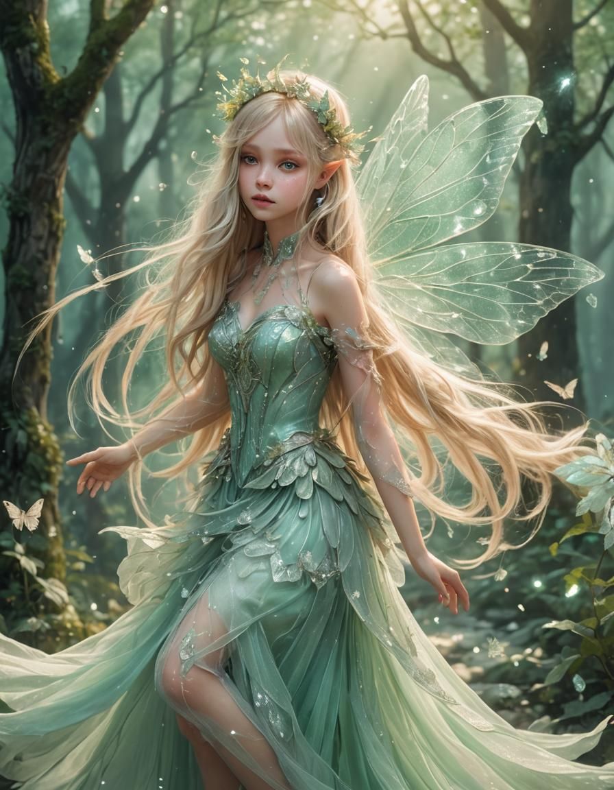 Ash-Blond Fairy with Crystal Wings in Digital Art