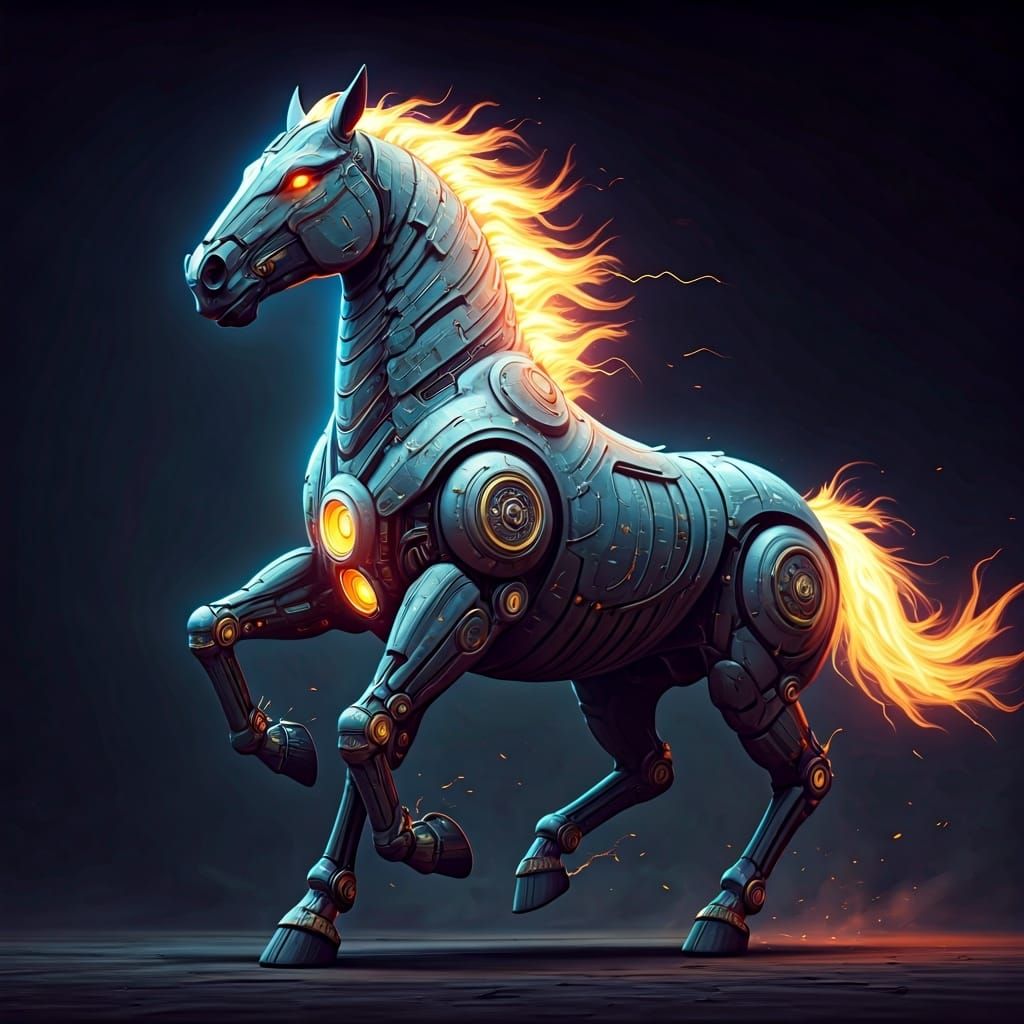 Horse-Inspired Jaeger Galloping in Cyberpunk Style