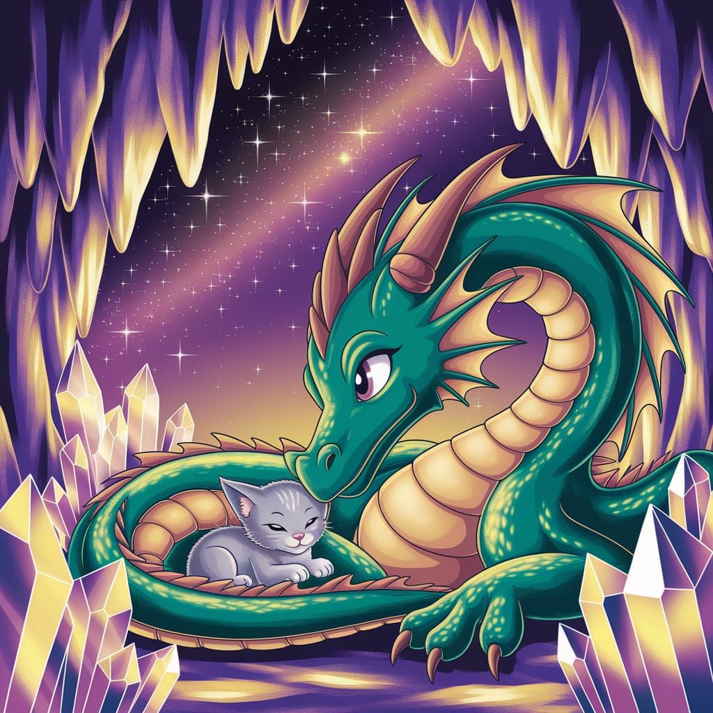 Ghibli-Inspired Crystal Cave: Dragon and Kitten Friendship