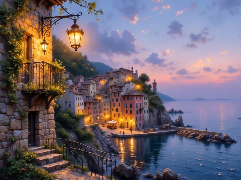 Seaside Town at Twilight in Rembrandt Style