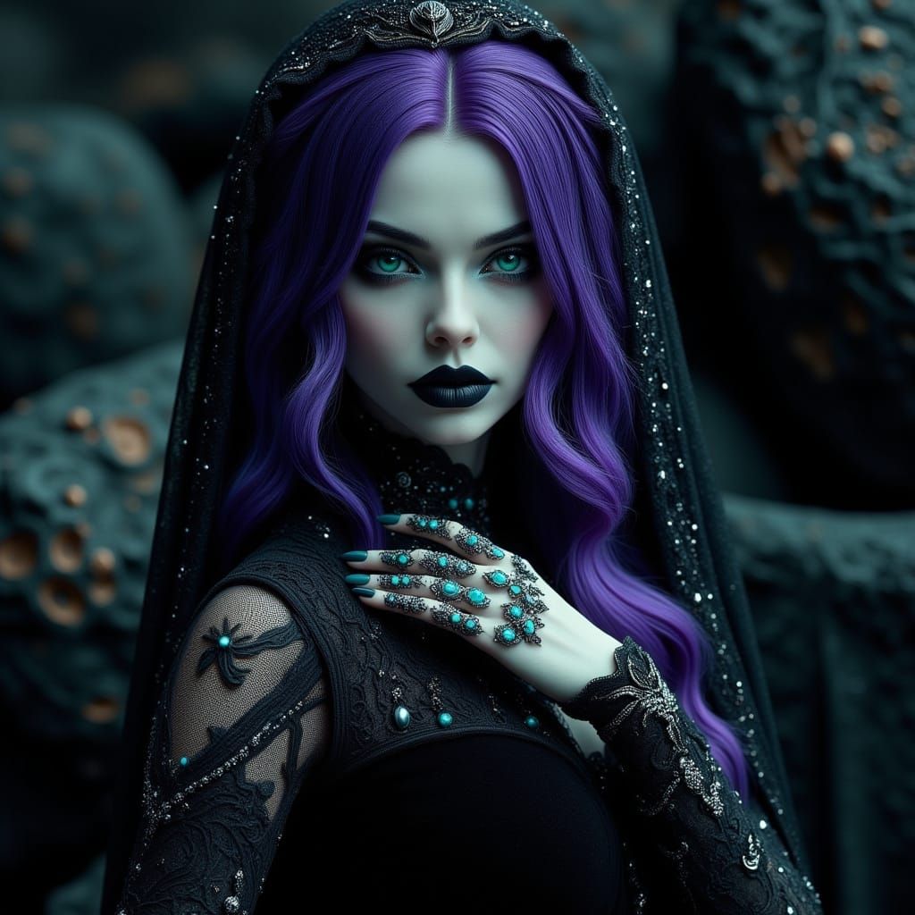 Gothic Woman in Dark Velvet Attire with Purple Hair and Turq...