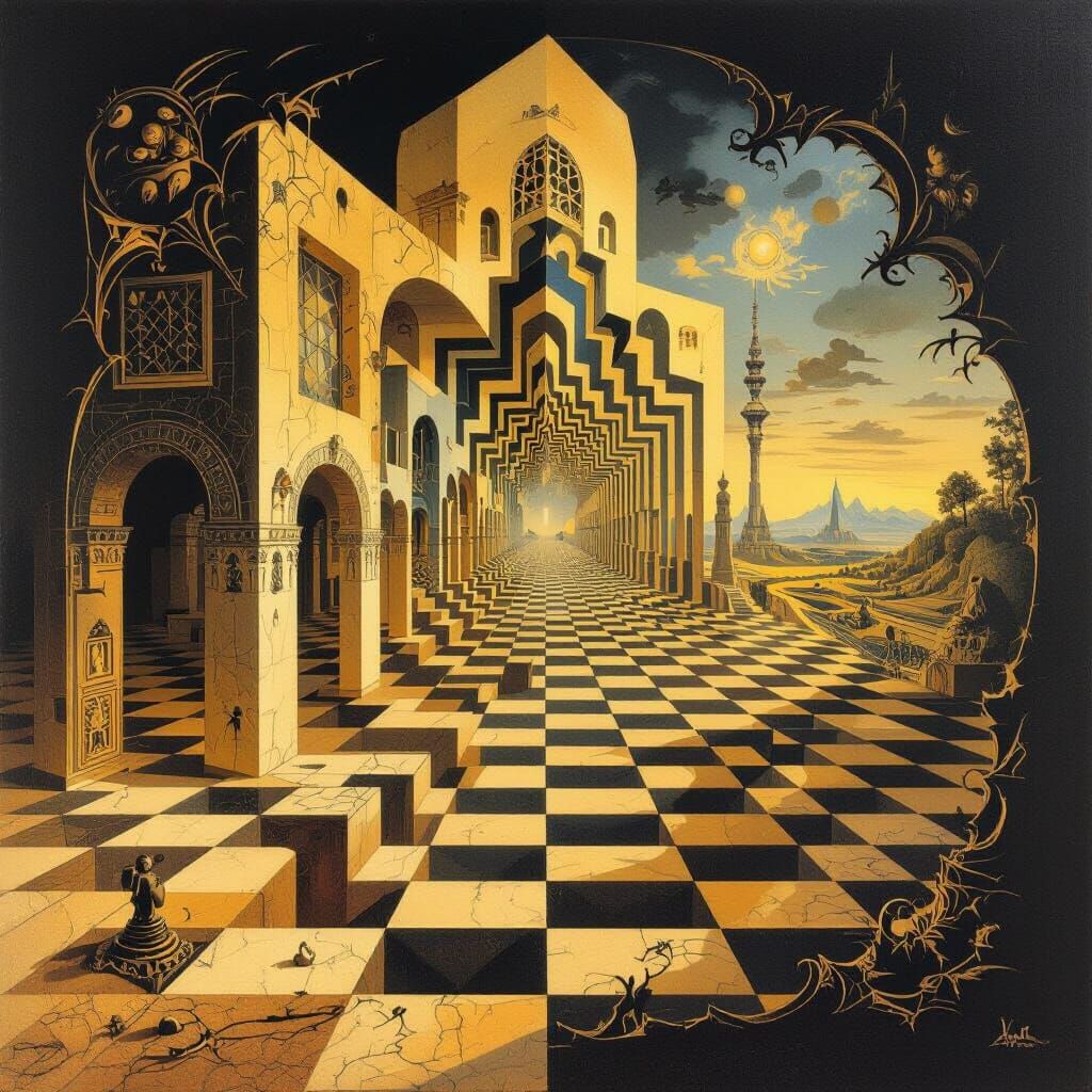 Surreal Geometric Dreamscape with Golden Light