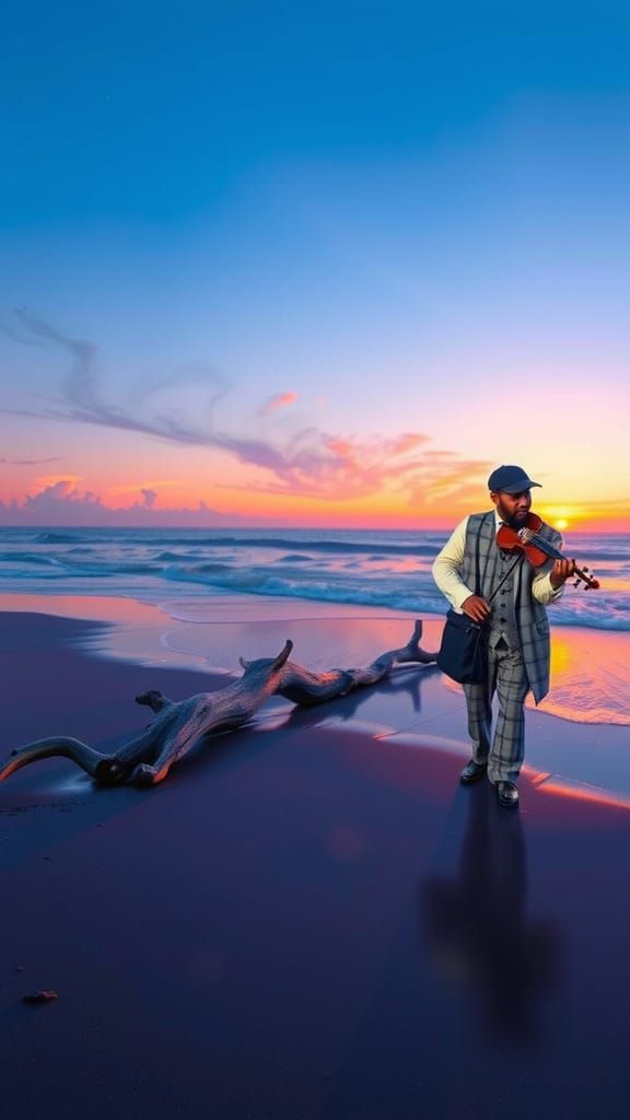 Black Man Plays Violin on Sunset Beach in Plaid Suit