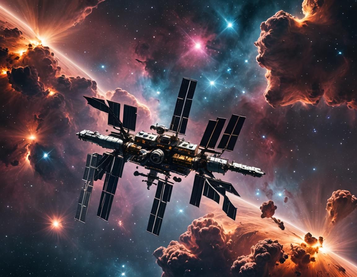 A space station, orbiting a nebula, in outer space