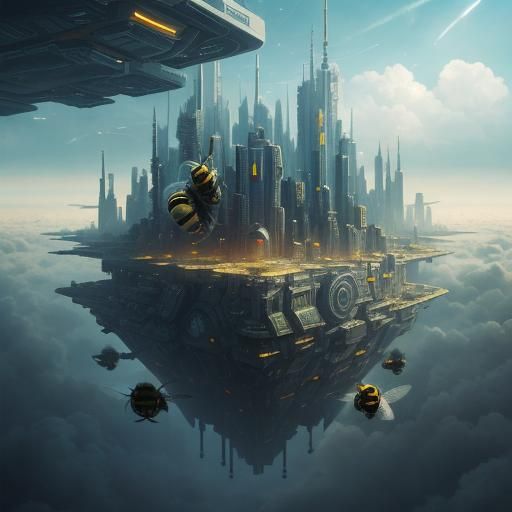 Futuristic Cyberpunk City Floating in the Clouds
