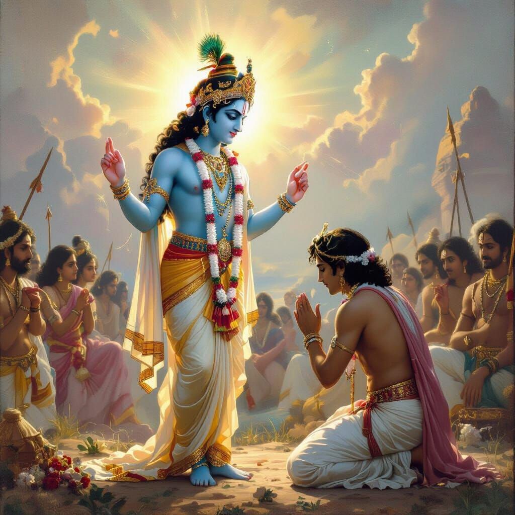 Krishna Advising Arjuna in Mahabharat, Raja Ravi Varma Style