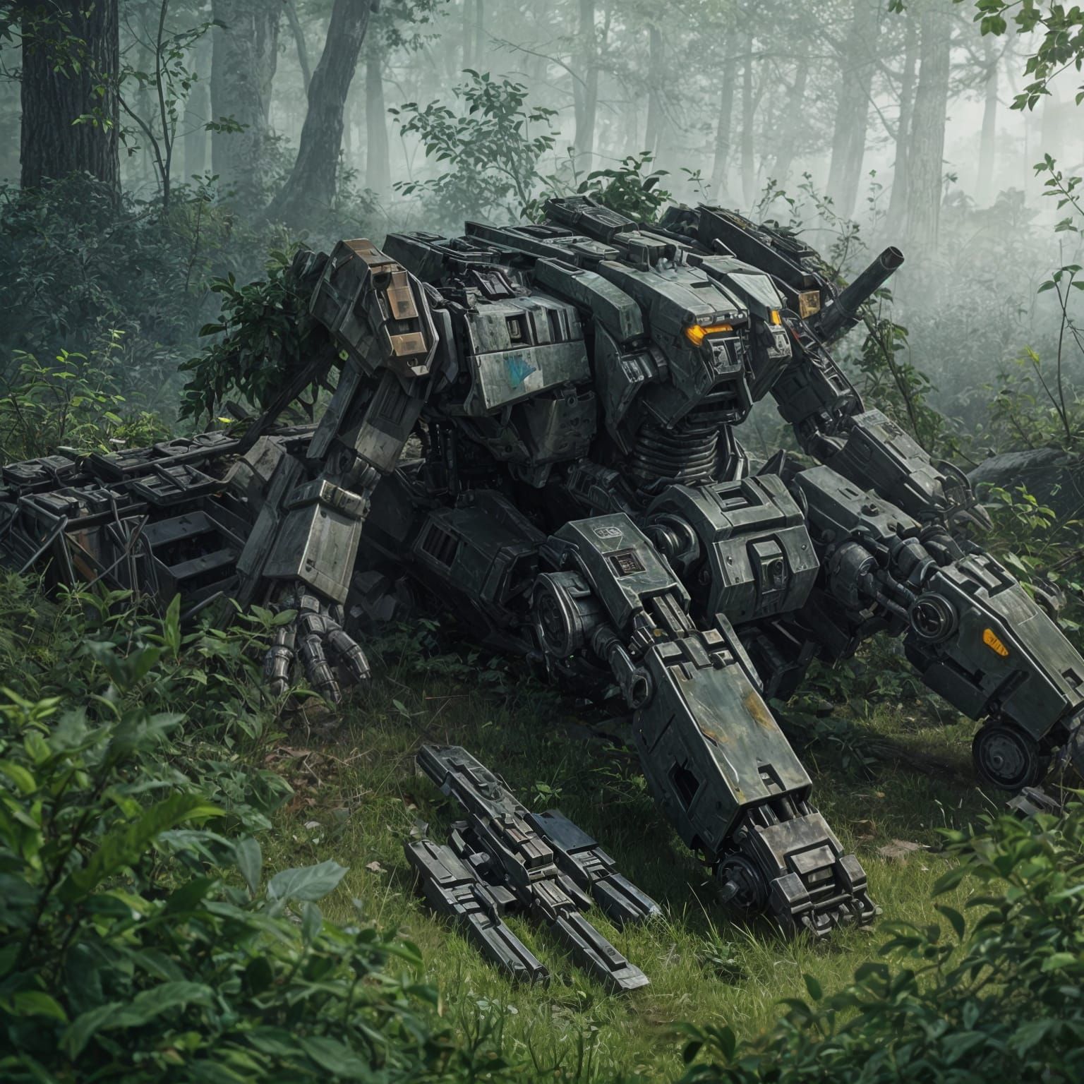 Overgrown Mech Relic in Dystopian Landscape