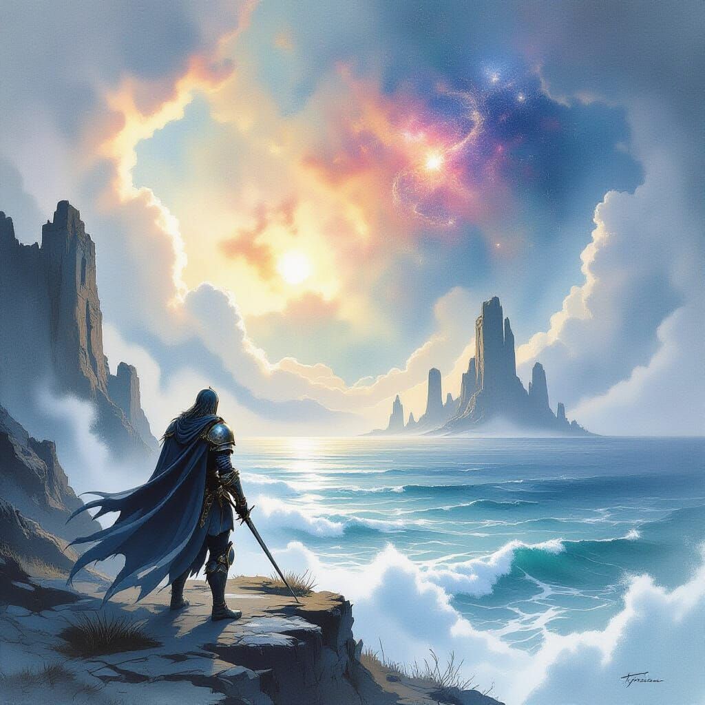 Knight on Cliff Overlooking Ethereal Ocean and Ancient Ruins