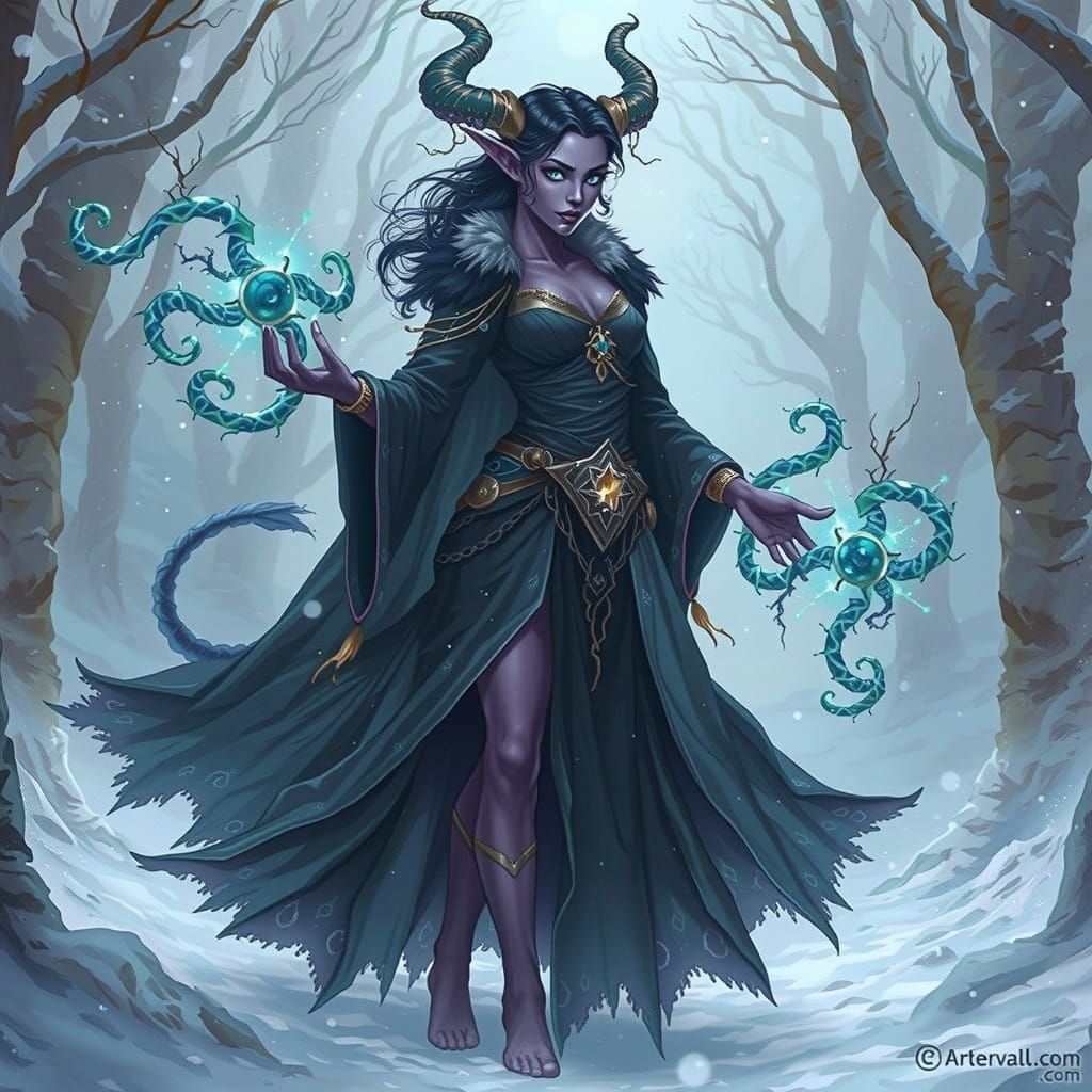 Mystical Tiefling Druid in Winter Wonderland