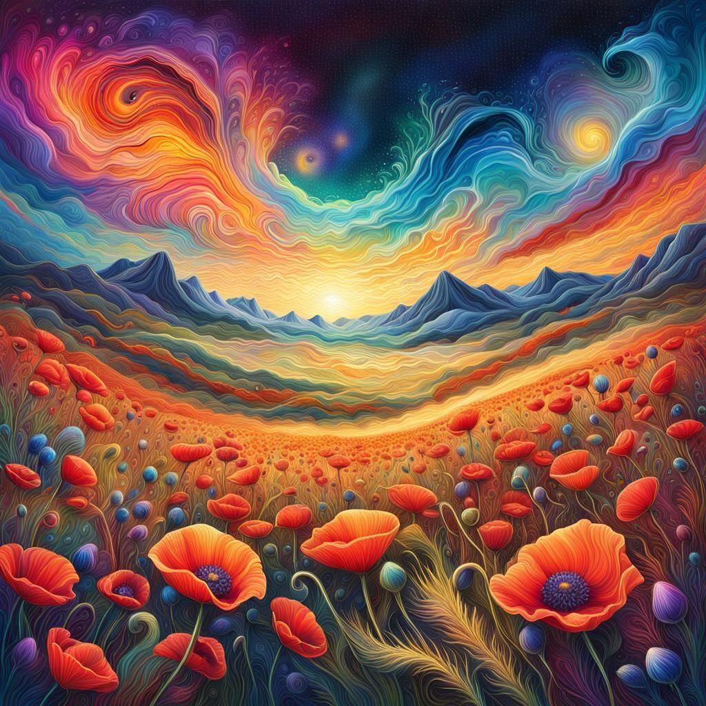 Cosmic Poppies in Astral Illustration Style
