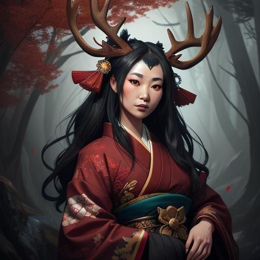 Geisha with Antlers: Detailed Matte Painting