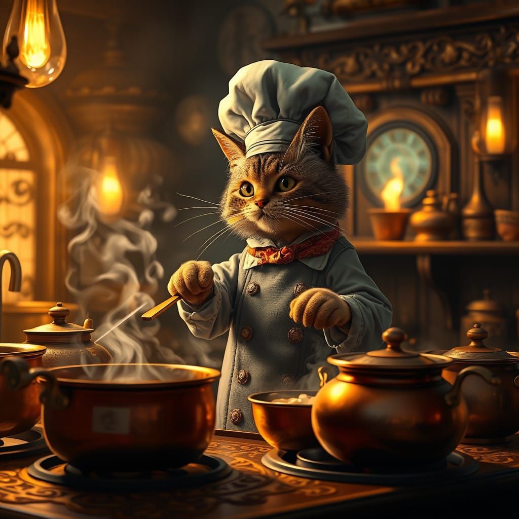 Mystical Feline Chef in Lavish, Golden Kitchen