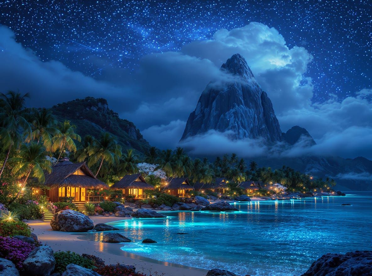 Glowing Tropical Seaside Village at Night