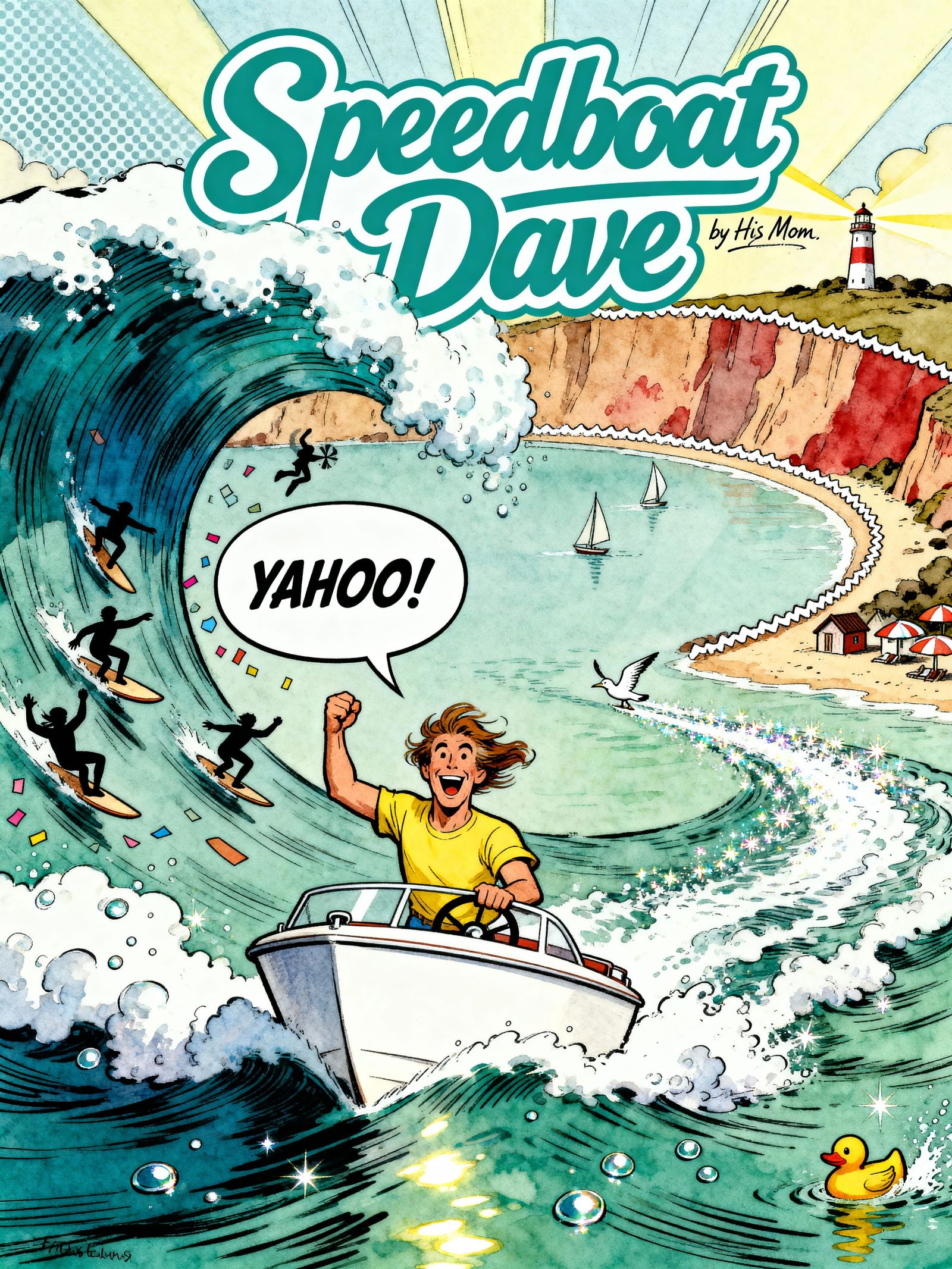Speedboat Dave Comic Cover in Ink and Watercolor Style
