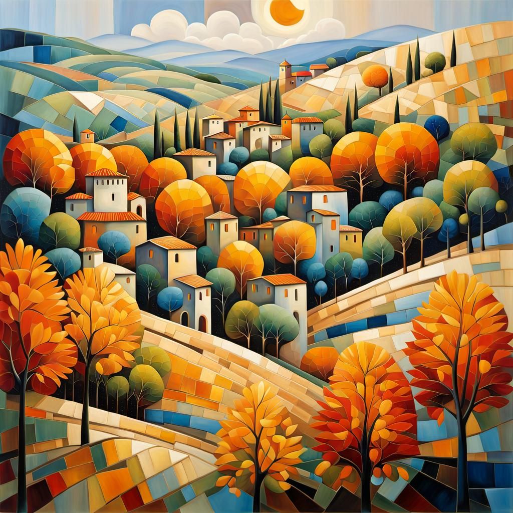 Colorful Italian Town Landscape in Cubist Style