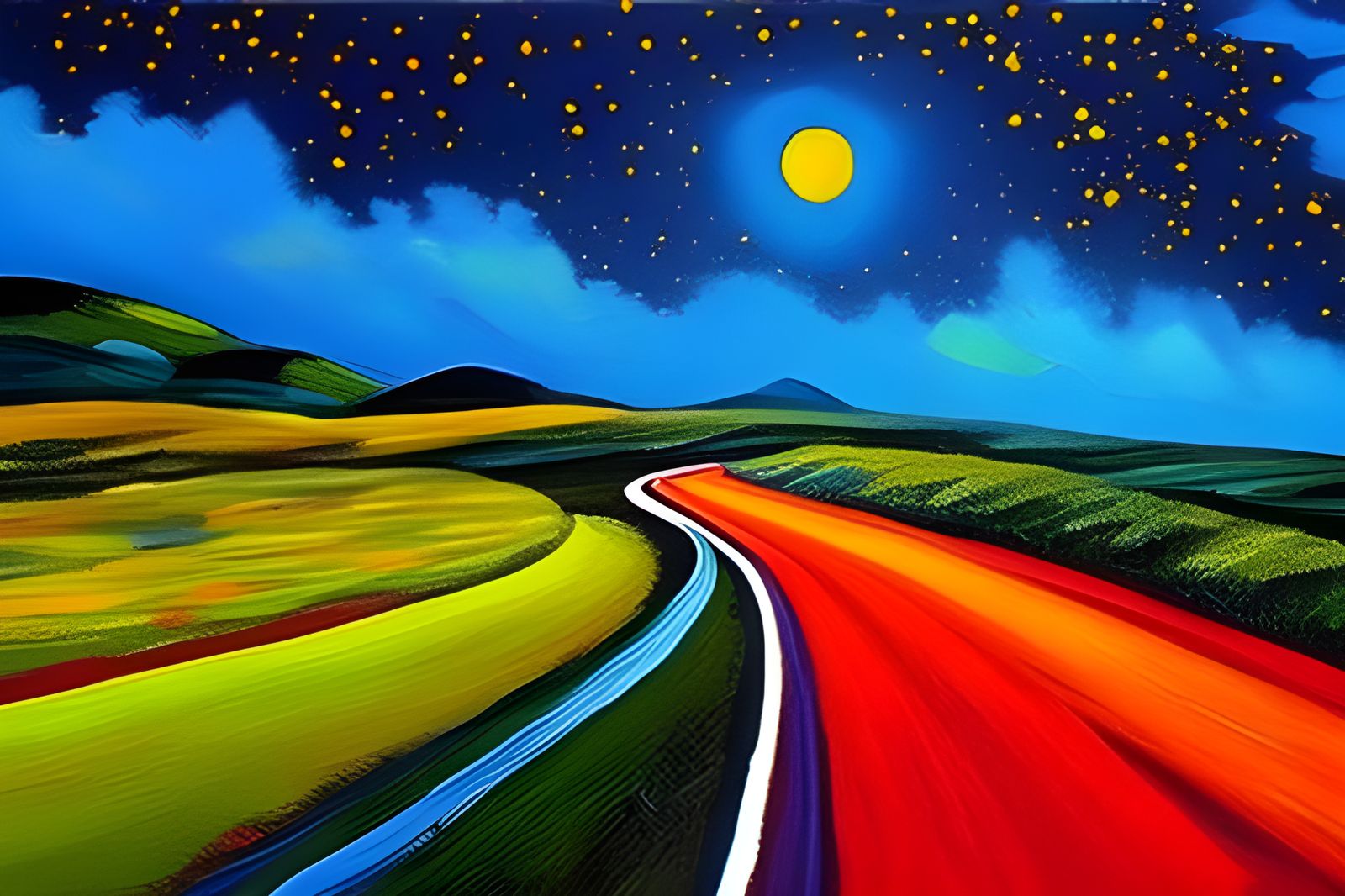 Night Drive: Neo-Impressionist Oil Painting with Starry Sky