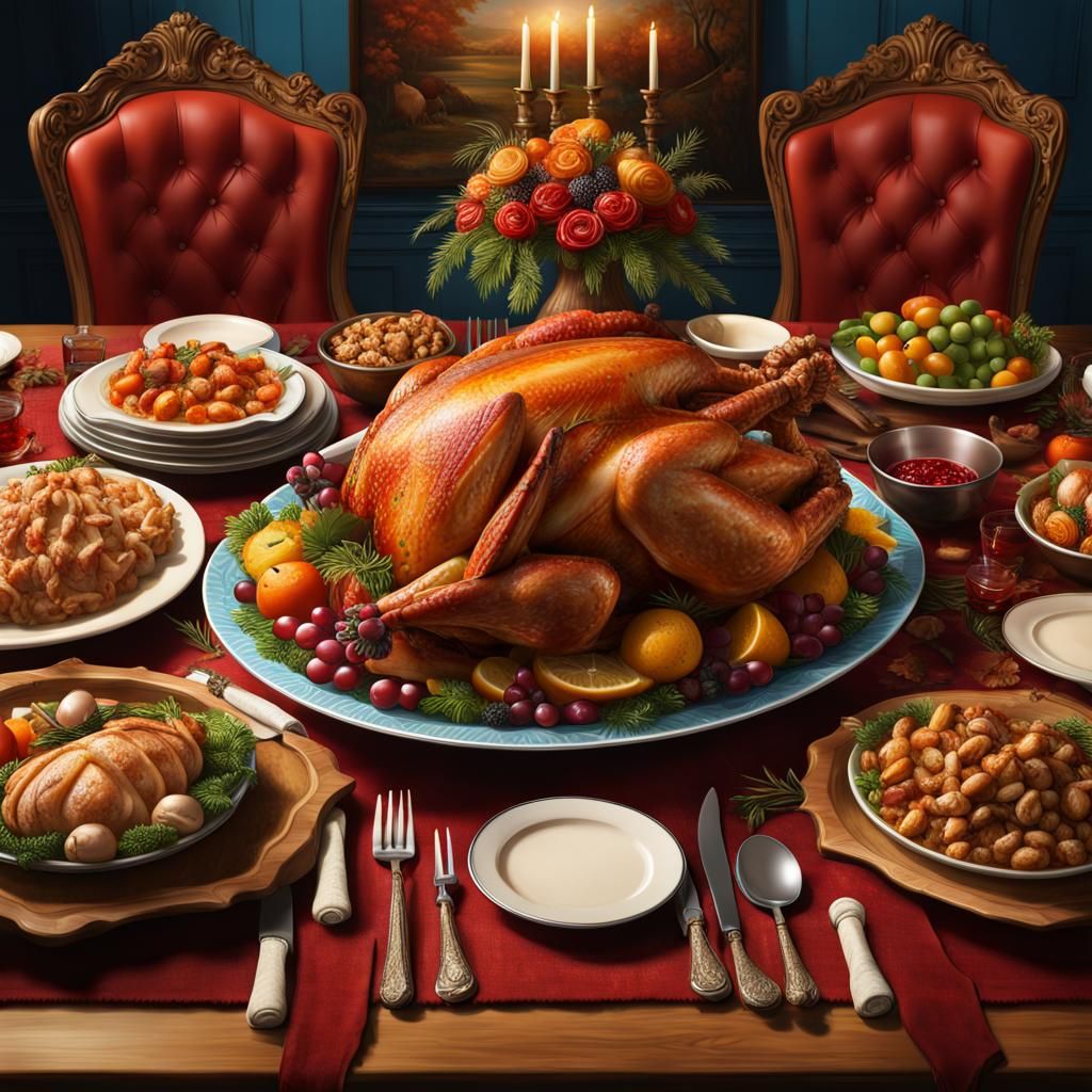 Hyperrealistic Thanksgiving Turkey Dinner with Decorations