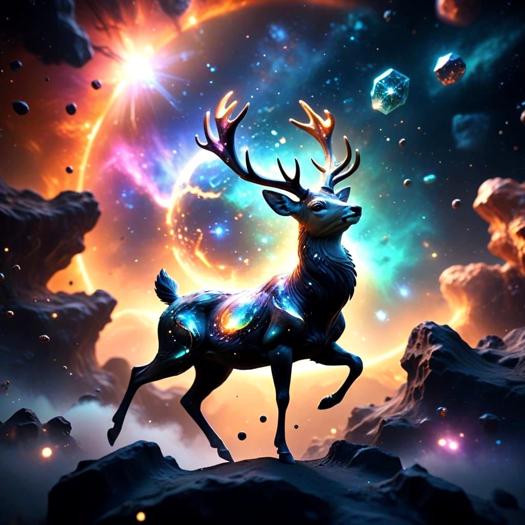Gemstone Deer Soars Through Nebula in 3D Render