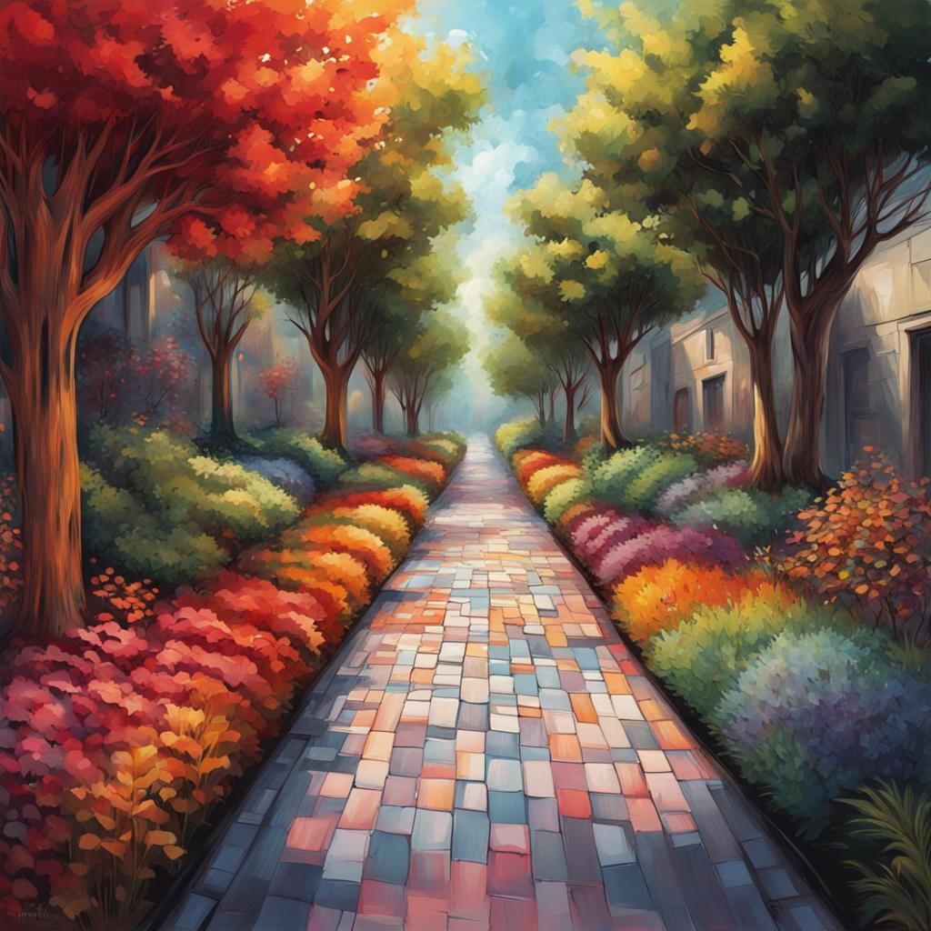 Hyperrealistic Plaid Plant Pattern in Park Alley