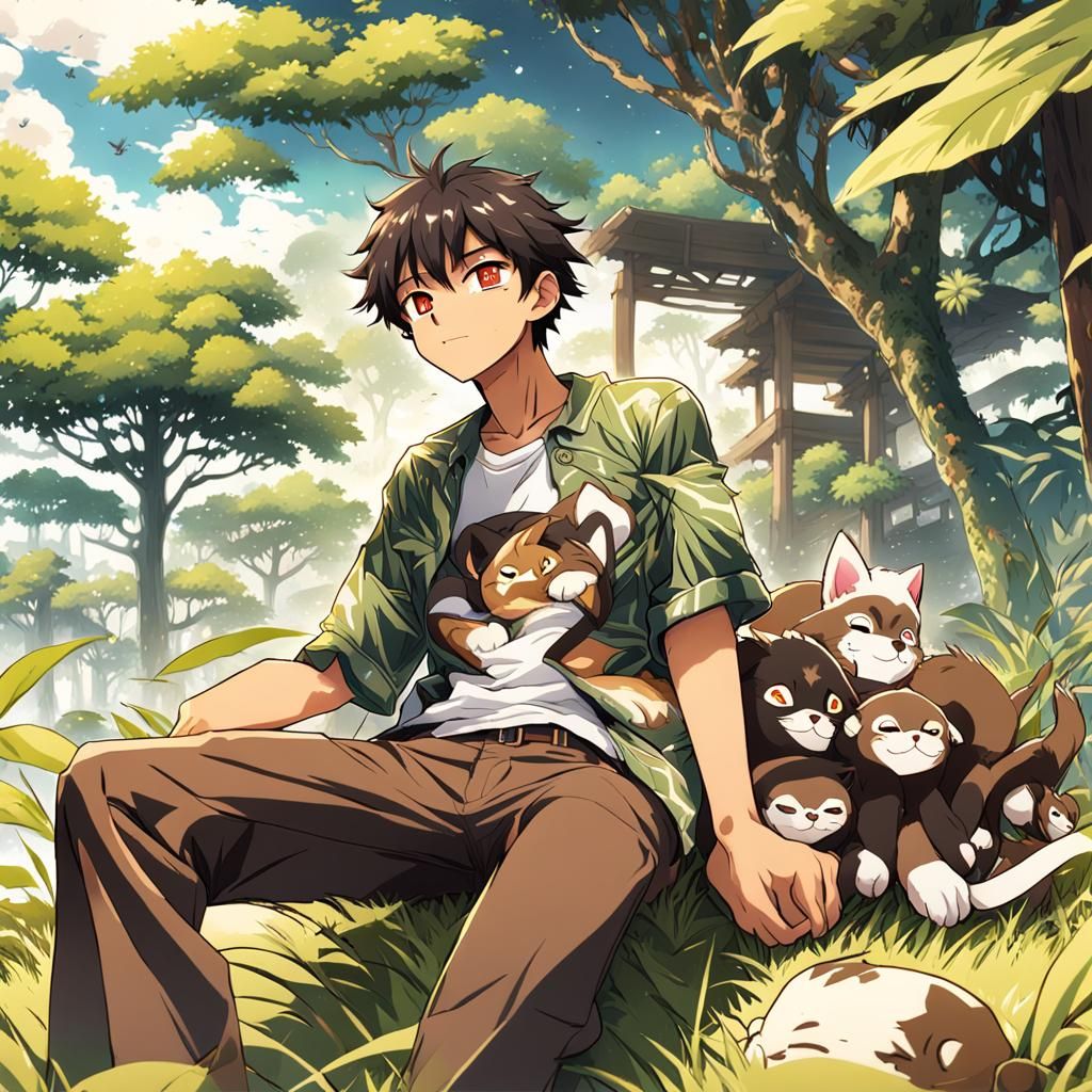 Anime Neko Boy Lounges in Peruvian Jungle City