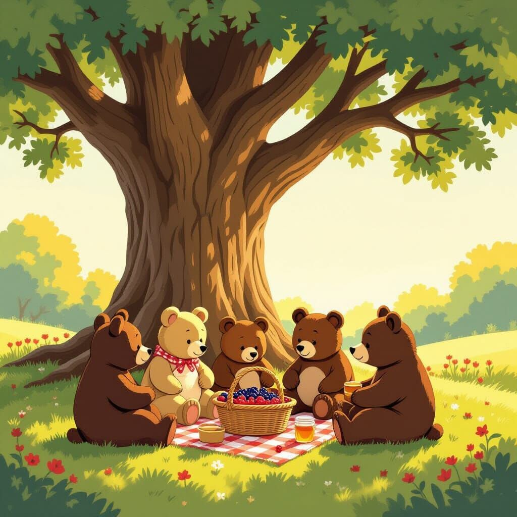 Anthropomorphic Bears Picnic Under Ancient Oak Tree