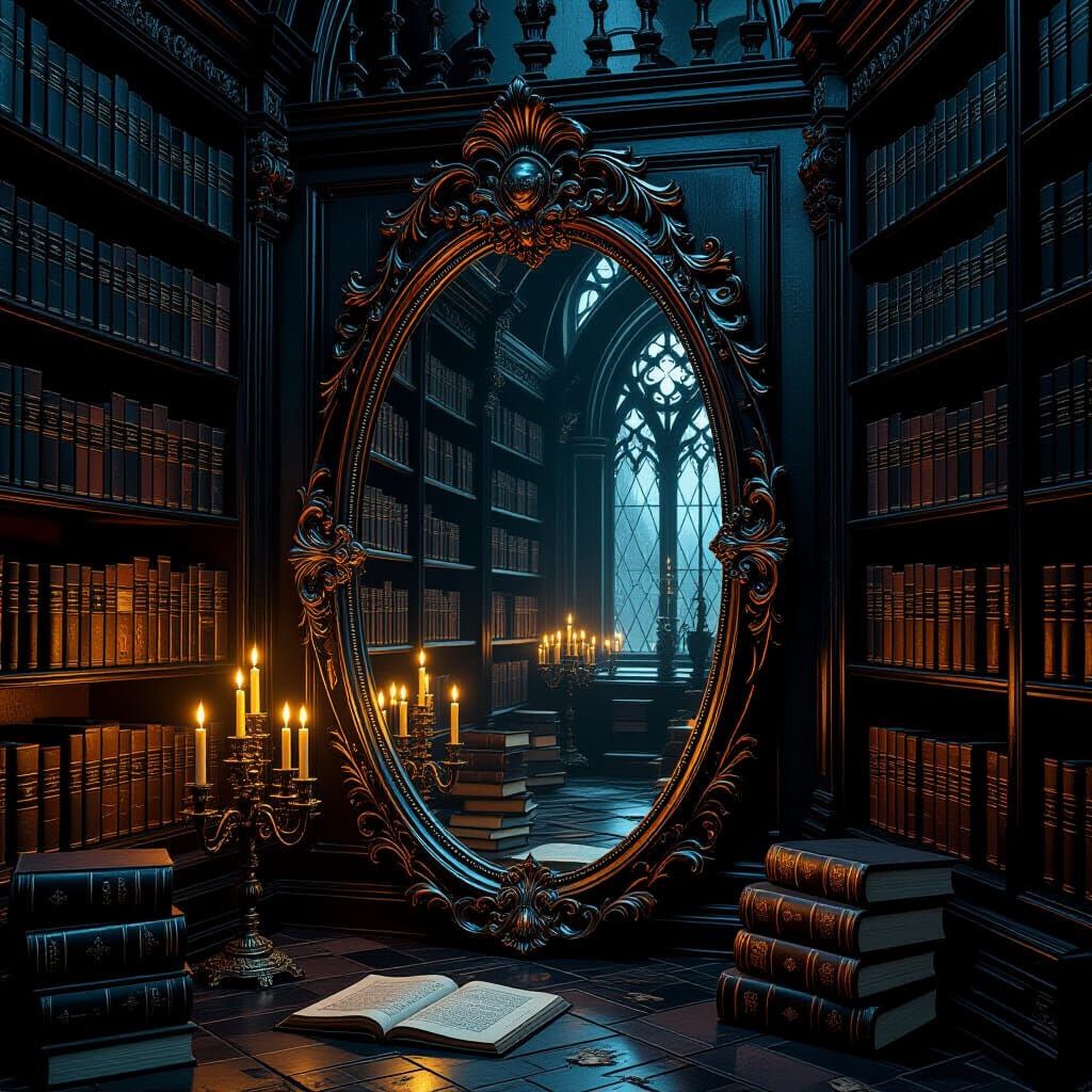 Gothic Library Reflected in Baroque Mirror, Photorealistic S...