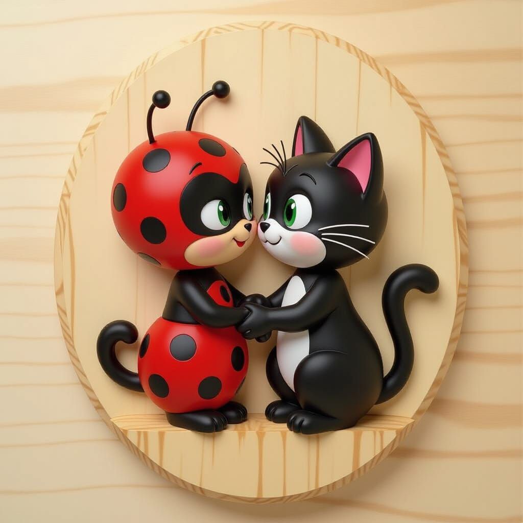 Ladybug and Cat Noir Affection in Wood Carving Style