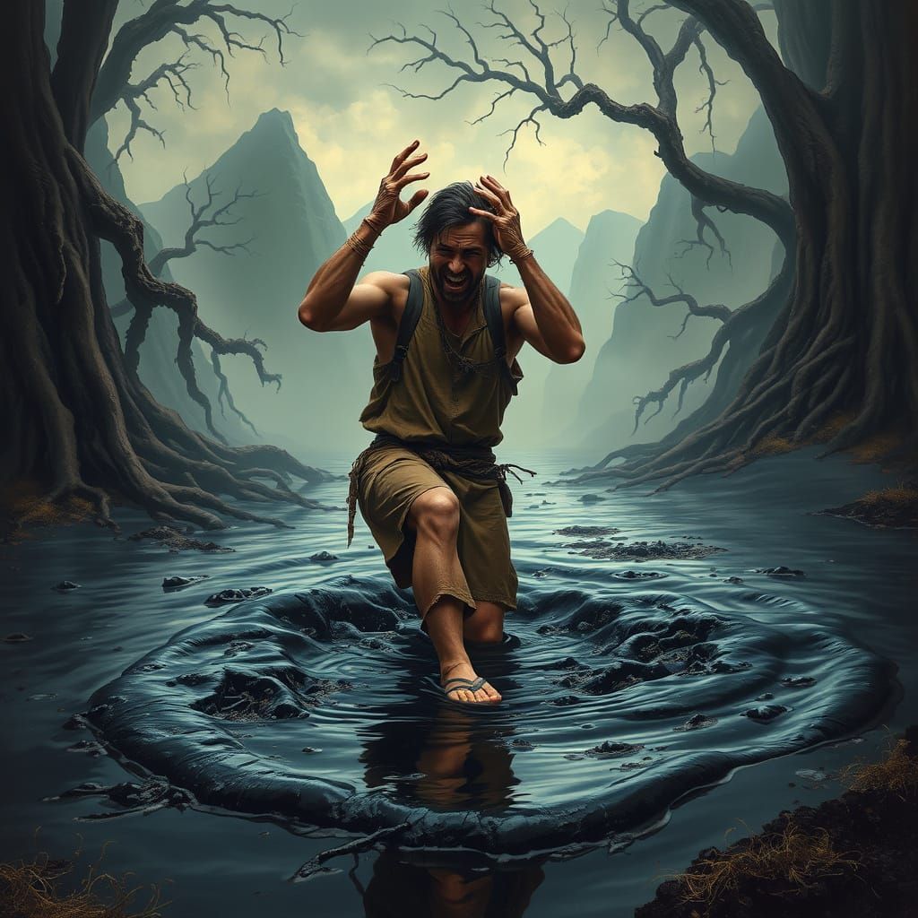 Man Sinking into Dark Tar Pit in Surreal Landscape