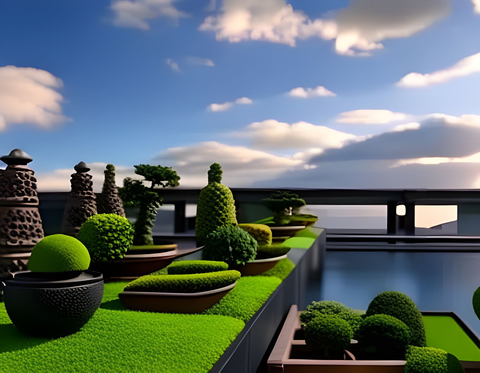 1920s City Garden with Bonsai in Hyperrealism