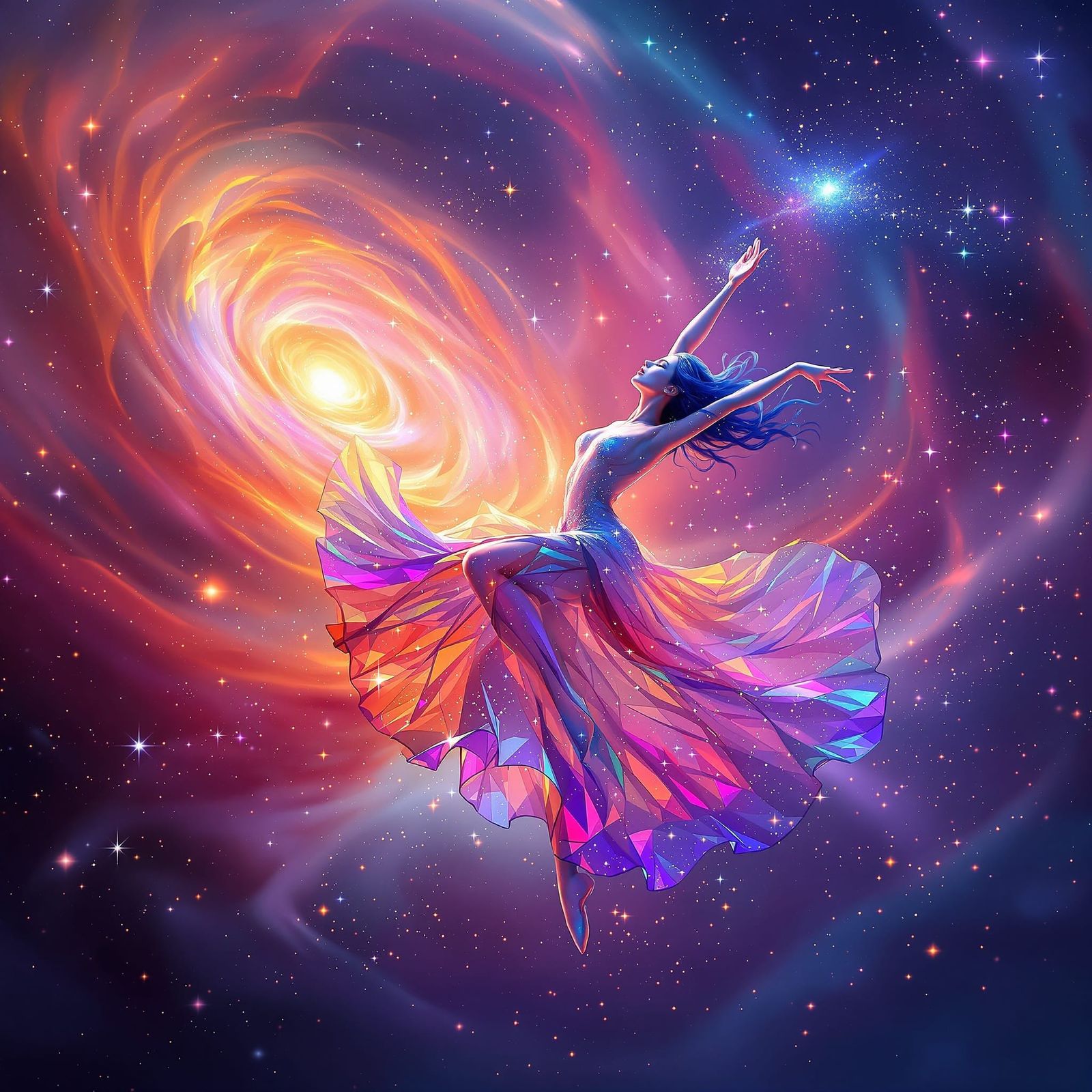 Cosmic Dancer in Surreal Iridescent Landscape