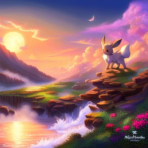 Ethereal Eevee in a Detailed Fantasy Landscape