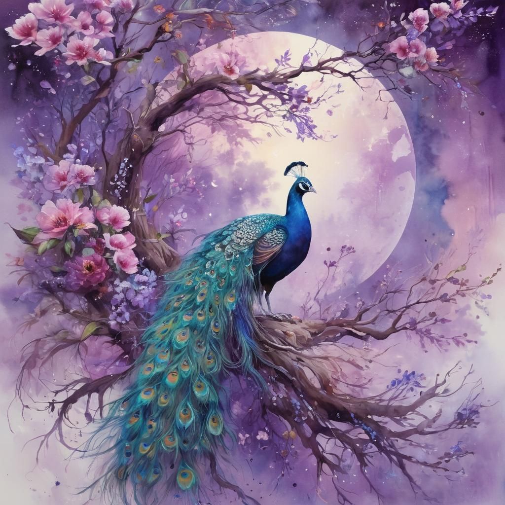 Ethereal Watercolor Scene with a Majestic Peacock