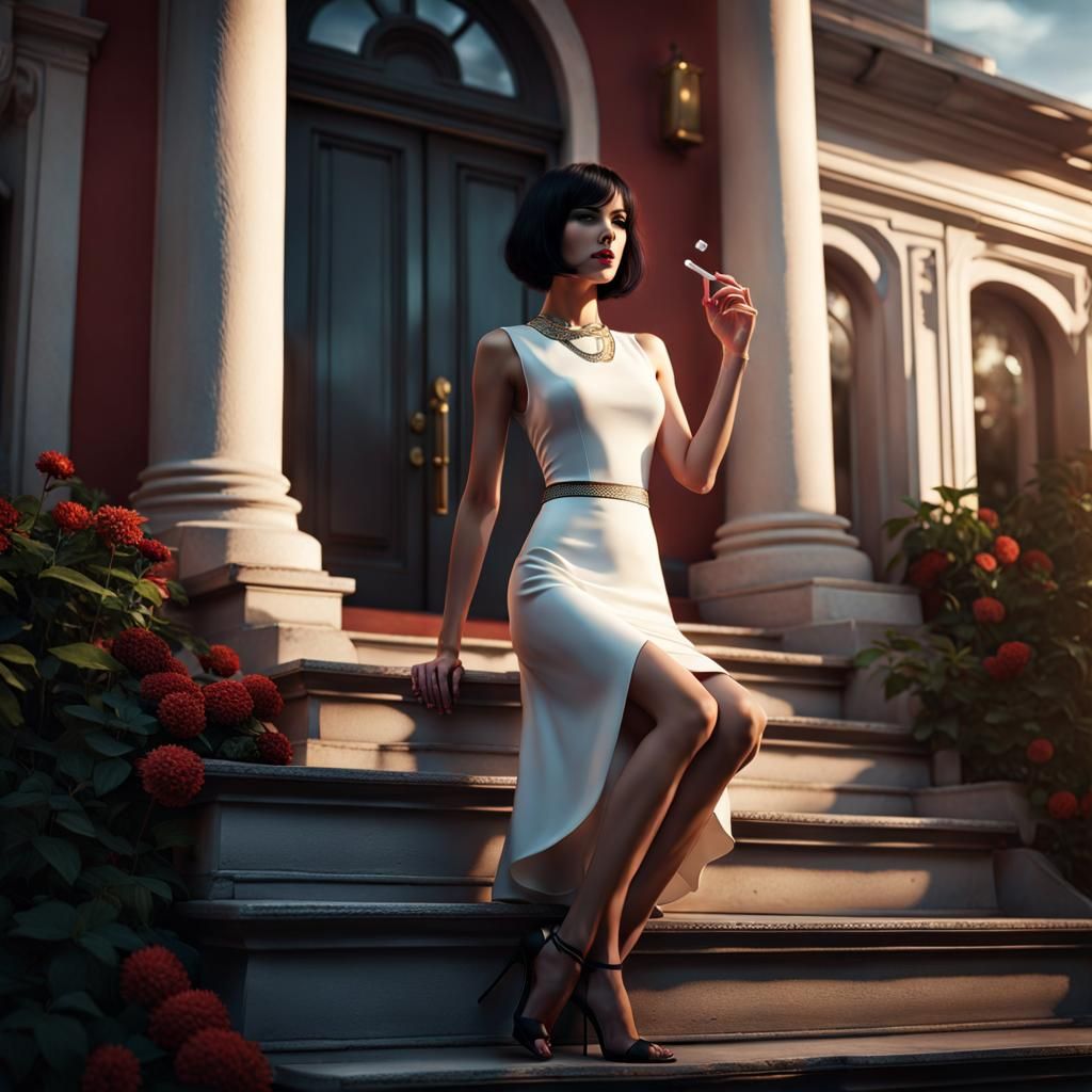 Woman Smoking at Dawn: Detailed Matte Painting