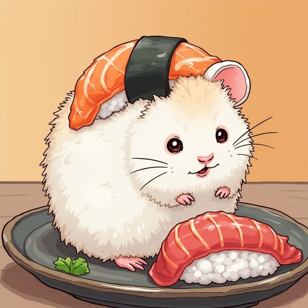 Cute Sushi Hamster in Traditional Japanese Art Style