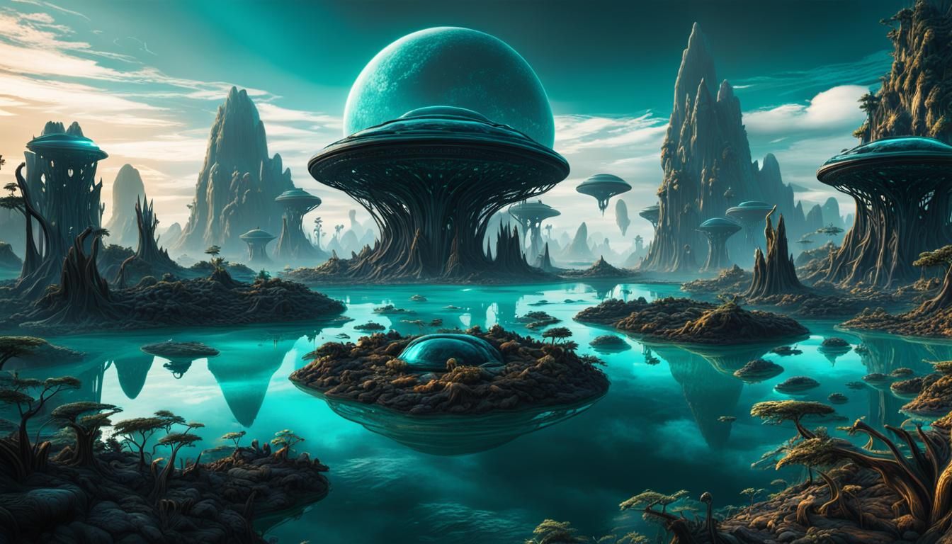 Alien Landscape with Floating Islands in Teal Jungle