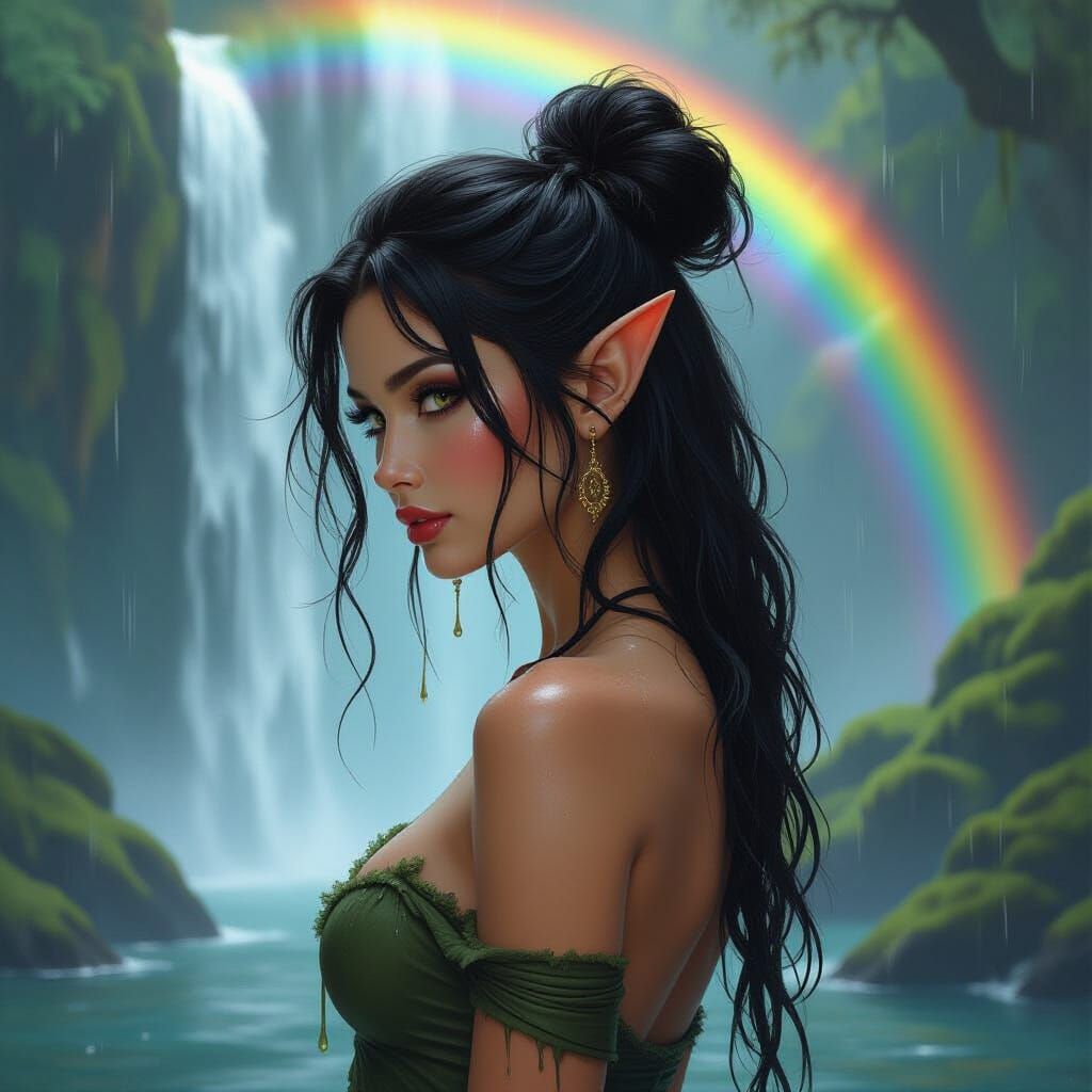 Ethereal Elf Under Rainbow Waterfall, Oil Painting