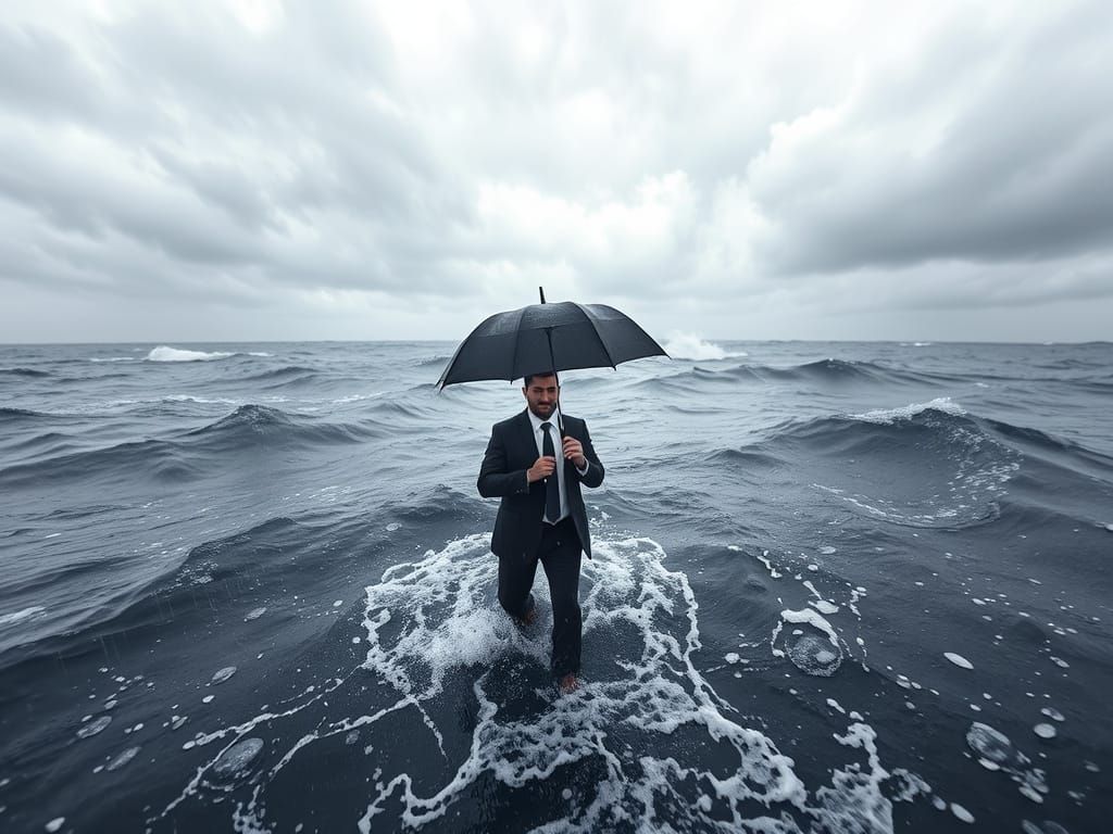 Man Stranded in Turbulent Ocean, Wide-Angle Photo
