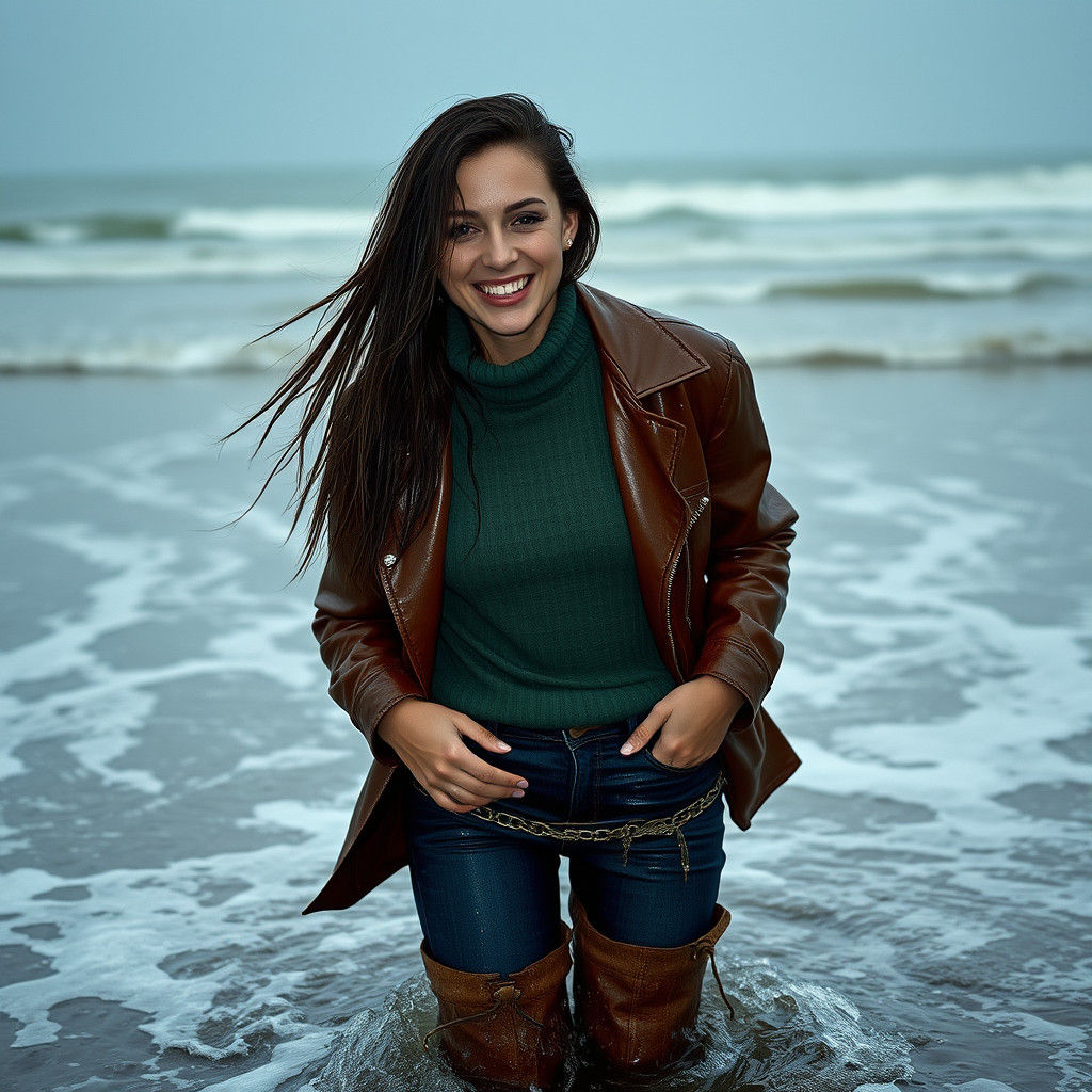 Woman in Rain Soaked Clothes on Stormy Beach