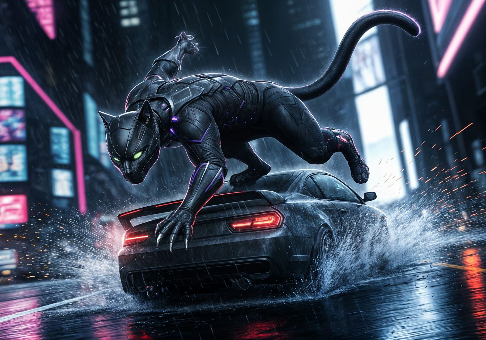 Epic Cyberpunk Cat Lands atop Speeding Car in Futuristic Rai...