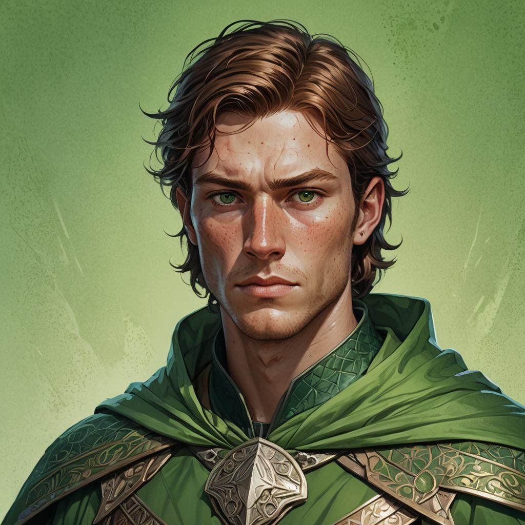 Freckled Warrior in Green: Concept Art Portrait