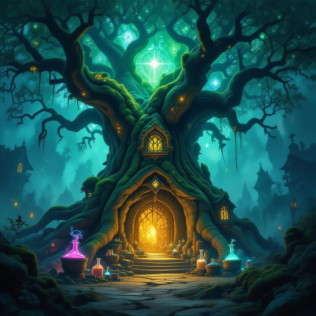 Wizard's Treehouse Laboratory in Dark Fantasy Style
