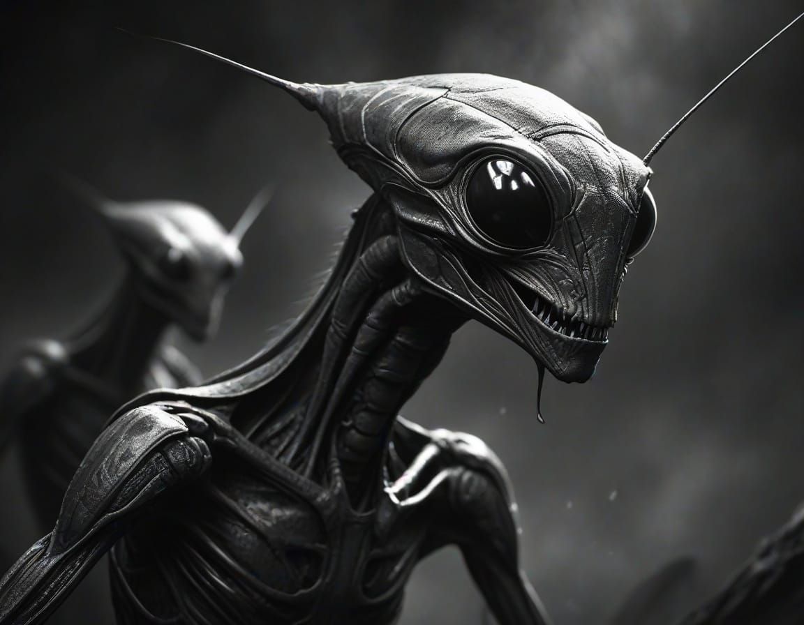 Hyperrealistic Charcoal Drawing of Mantis-Alien Creatures in...