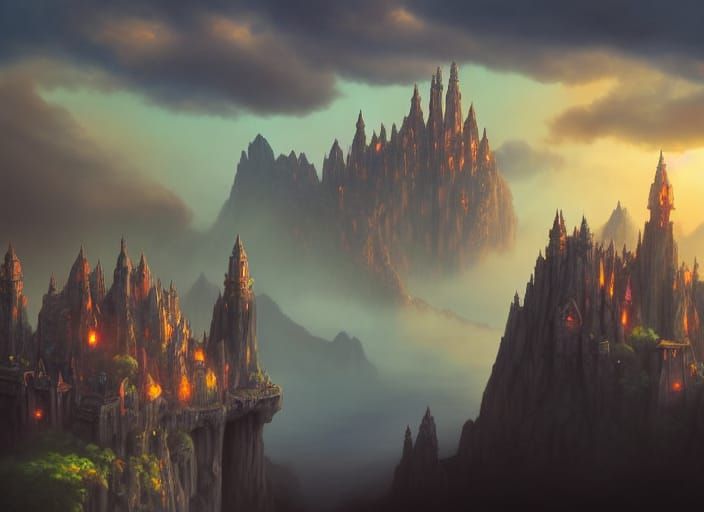 Fantasy Castles Floating in Sky with Waterfalls