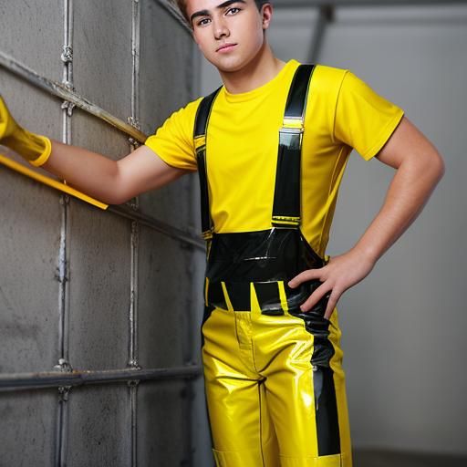 Construction Worker in Yellow Overalls Climbing Ladder