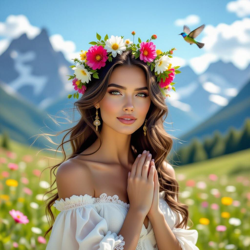 Divine Queen in Enchanted Spring Realm with Flower Crown