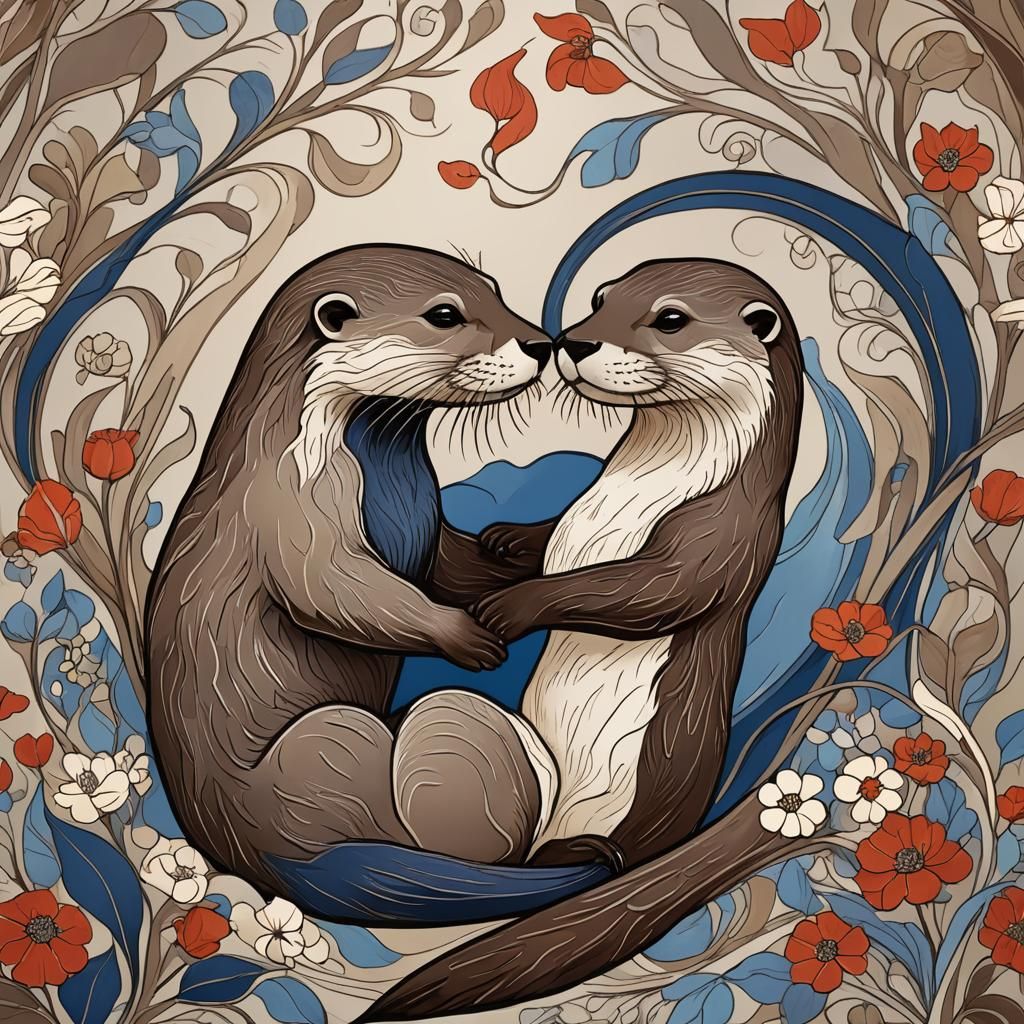 Art Nouveau Otters in Love with Complementary Colors