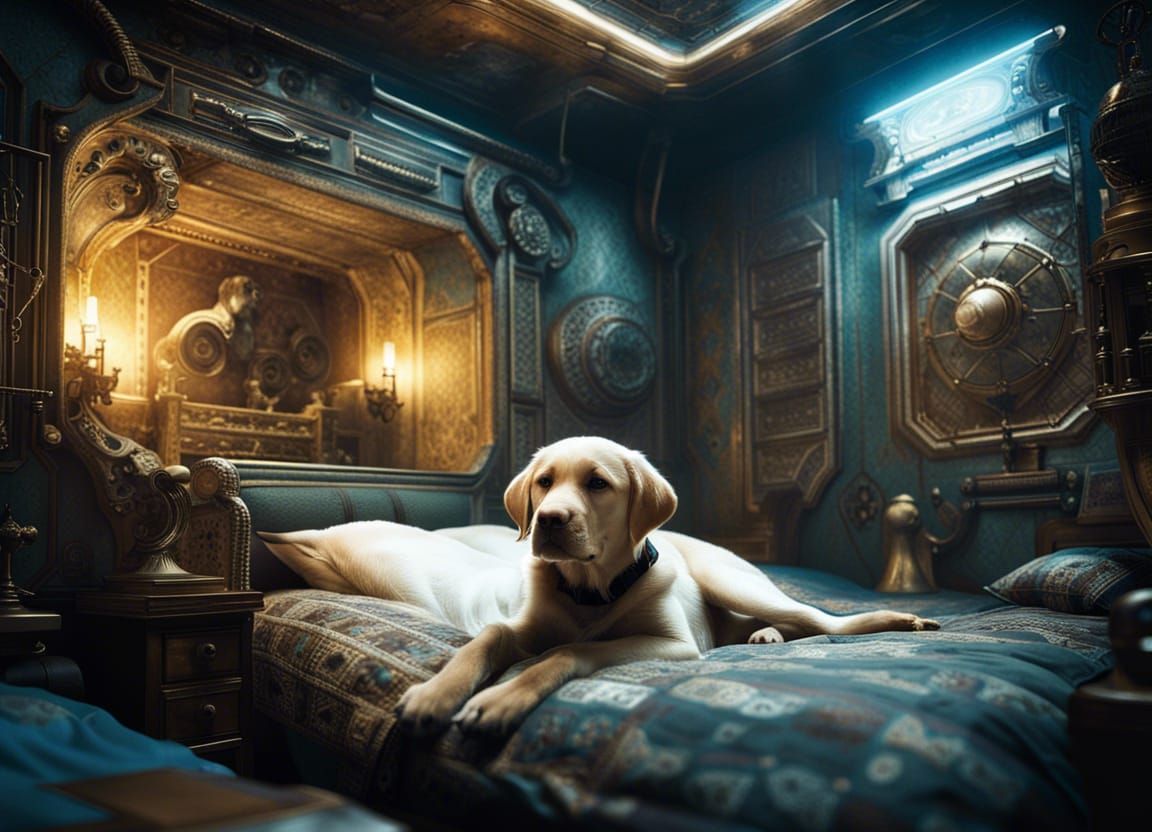 Detailed Space Bedroom with Labrador Puppy