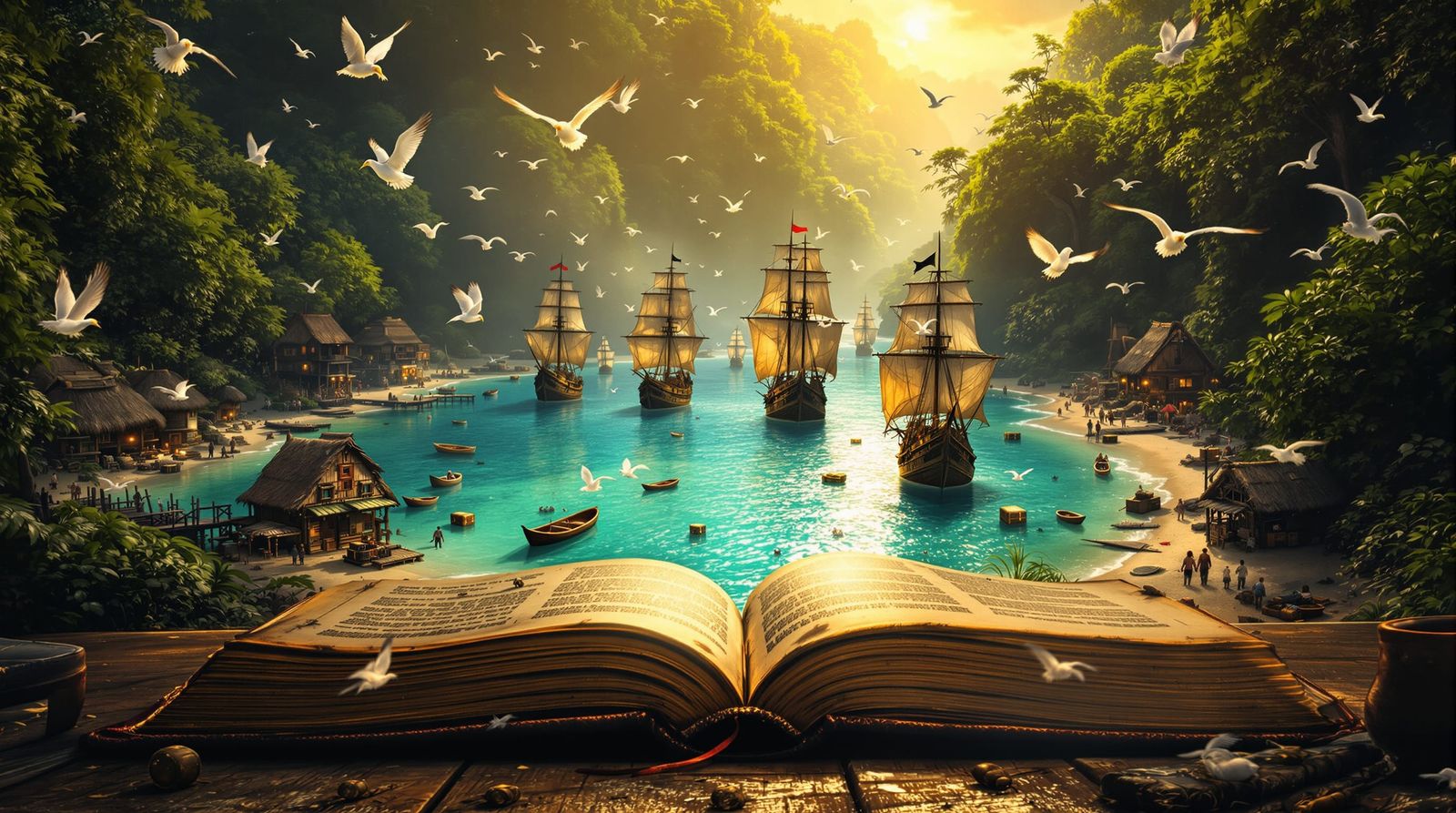 Ancient Book Opens to Vivid Pirate Cove Scene