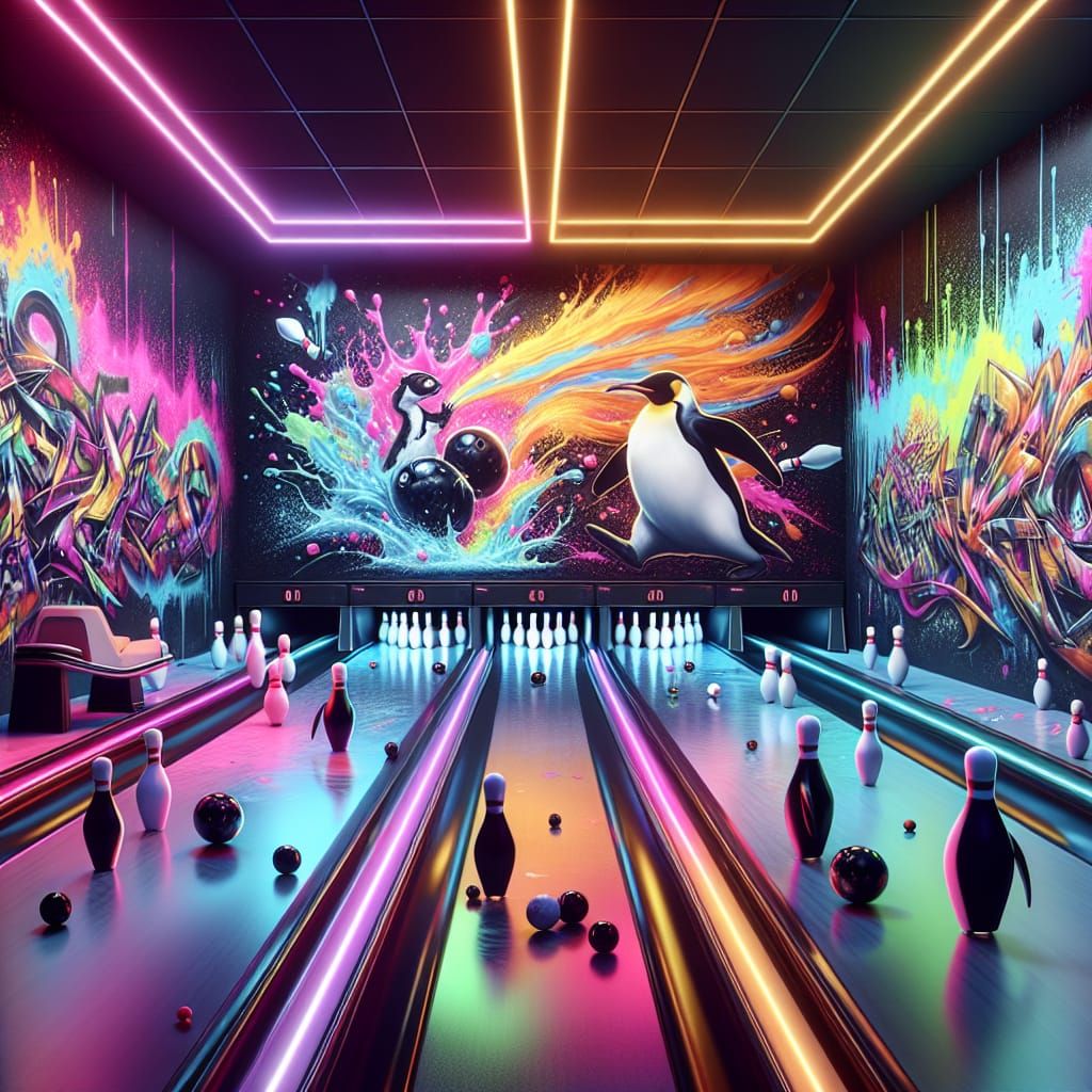 Neon 80s Penguins Bowling in a Graffiti-Lit Venue
