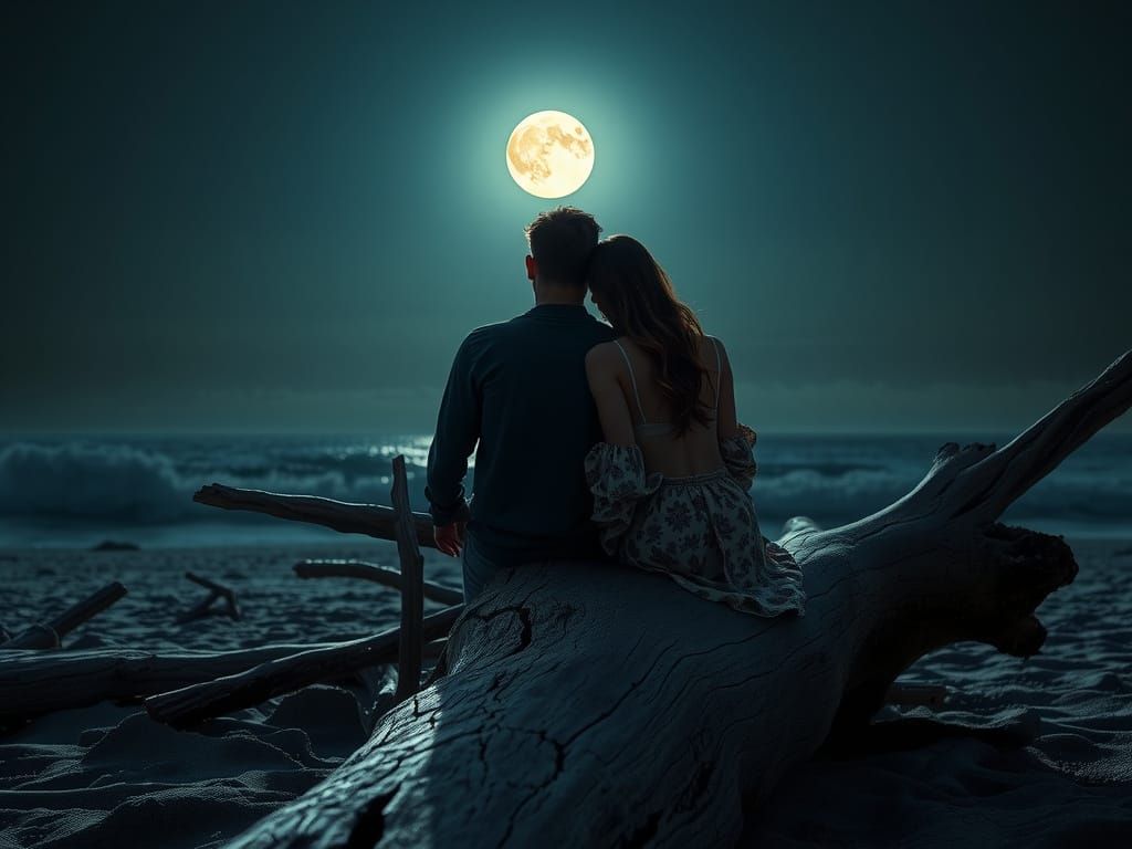 Romantic Moonlit Beach Scene in Dreamy Fantasy Style